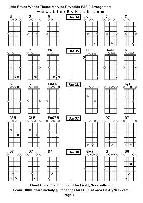 Chord Grids Chart of chord melody fingerstyle guitar song-Little Boxes Weeds Theme-Malvina Reynolds-BASIC Arrangement,generated by LickByNeck software.